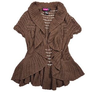 Say What? Brown Crochet Short Sleeve Cardigan‎ Sweater Womens M Y2k 2000s Bratz